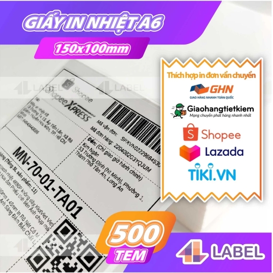 Giấy in đơn hàng TMDT A6 100x150 dạng tệp 500 tem loại dày đế 60gsm, nặng1100gram, loại mỏng đế 40gsm, nặng 900gram
